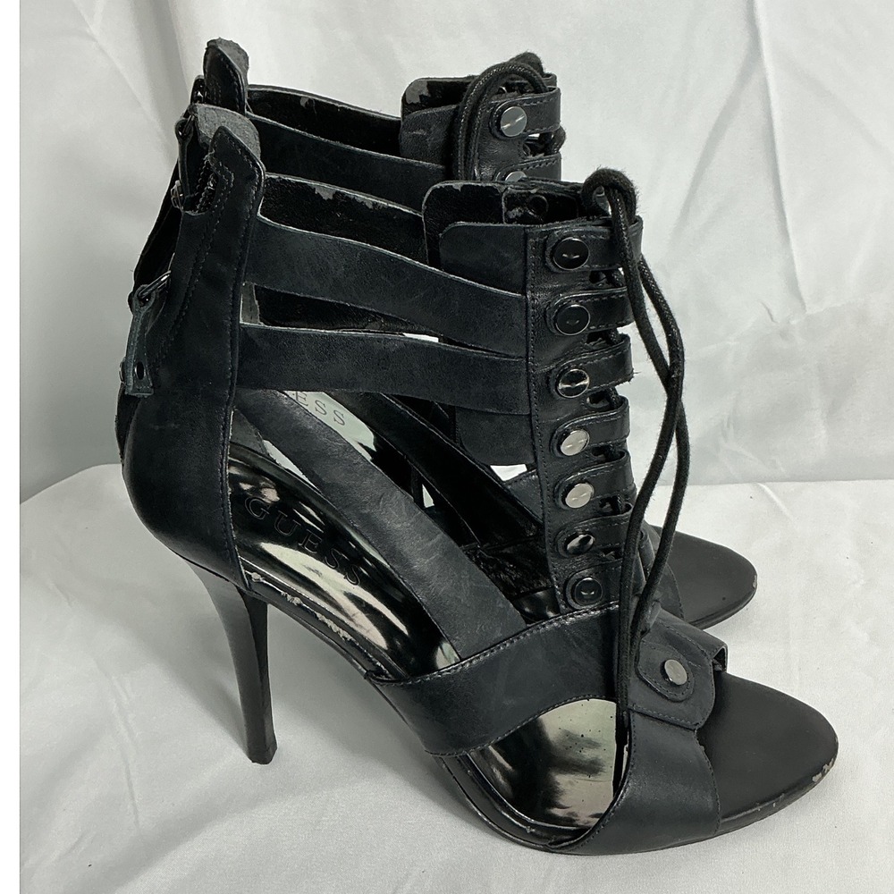 Guess Black Leather Caged Lace Up Stiletto Sandals Studded Gladiator Heels 8M